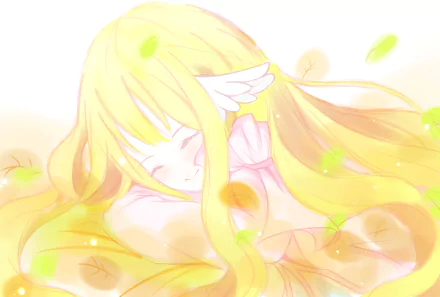 Mavis Vermilion from Fairy Tail smiles serenely, surrounded by soft yellow hues and floating leaves, creating a dreamy atmosphere in this HD desktop wallpaper.