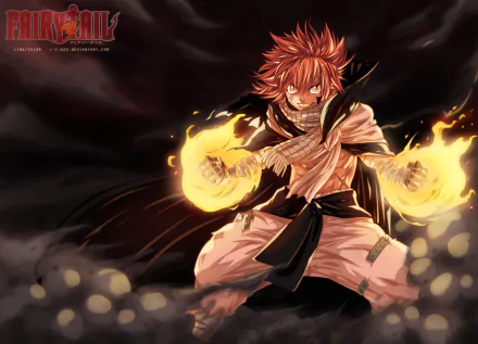 A dynamic HD desktop wallpaper featuring Natsu Dragneel from the anime Fairy Tail, showcasing him with fiery energy in his hands against a dark background.