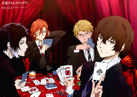 HD desktop wallpaper featuring characters from the anime Bungou Stray Dogs, engaged in a card game at a lavish table with red curtains and drinks.