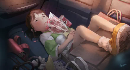 Chihiro from Spirited Away lies in the back of a car, holding a bouquet of flowers. This HD desktop wallpaper captures a serene moment from the beloved Studio Ghibli anime.