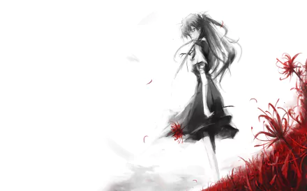 HD PC desktop wallpaper featuring Asuka Langley Sohryu from the anime Neon Genesis Evangelion, depicted in a monochrome scene with red accents in a field of flowers.