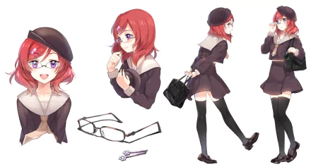 HD PC desktop wallpaper featuring multiple anime-style illustrations of Maki Nishikino from Love Live!, showcasing her in various poses with glasses and a beret.