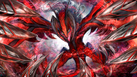 HD desktop wallpaper featuring Yveltal, a powerful Pokémon from the anime series. The artwork showcases Yveltal’s striking red and black design amidst an intense and vivid background.