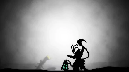 A dramatic black-and-white HD wallpaper featuring Thresh from League of Legends, showcasing his signature lantern and eerie silhouette against a misty background.