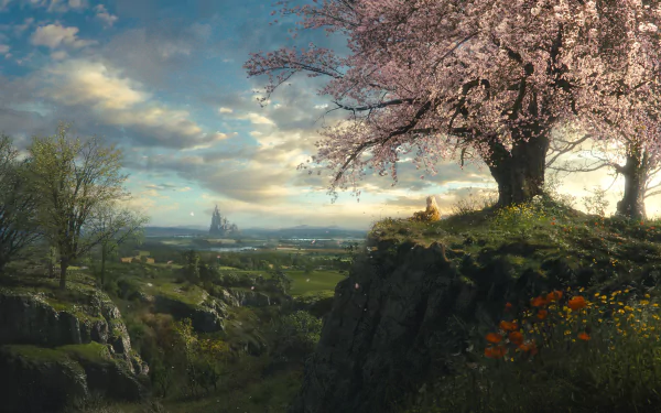 HD fantasy landscape wallpaper featuring a blossoming tree on a rocky hill, overlooking a lush valley with mountains and a distant castle, creating a serene and magical atmosphere.