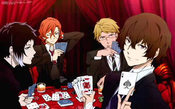 HD desktop wallpaper featuring characters from the anime Bungou Stray Dogs, engaged in a card game at a lavish table with red curtains and drinks.