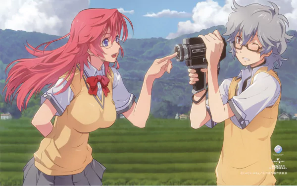 Anime-style HD desktop wallpaper from Waiting in the Summer depicts two characters outdoors, one with red hair and the other with gray hair, holding a vintage video camera.