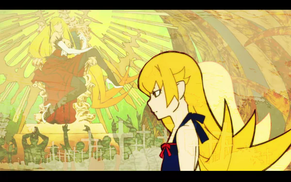 Shinobu Oshino (Kiss-shot Acerola-orion Heart-under-blade) from Nisemonogatari — anime PC wallpaper: side profile with long blonde hair set against stylized golden wings and collage background.