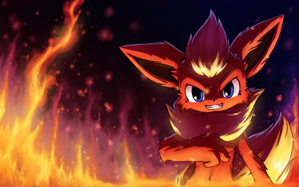 Flareon, a fiery Pokémon, stands confidently amid vibrant flames in this anime-inspired HD desktop wallpaper. The bold colors and dynamic pose create an engaging background.
