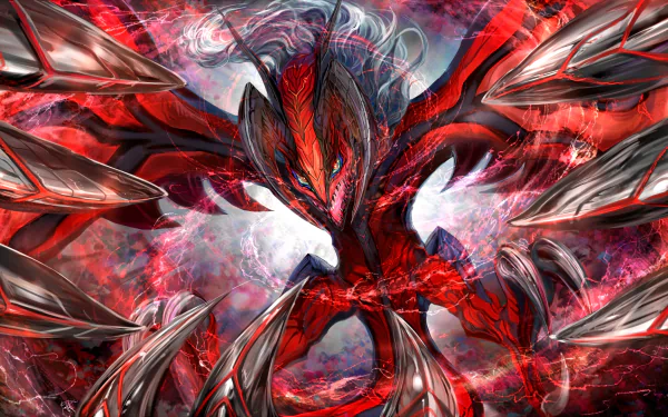 HD desktop wallpaper featuring Yveltal, a powerful Pokémon from the anime series. The artwork showcases Yveltal’s striking red and black design amidst an intense and vivid background.