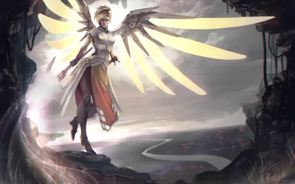 An HD desktop wallpaper featuring Mercy from Overwatch, showcasing her angelic design and wings in a dramatic landscape against a moody sky.