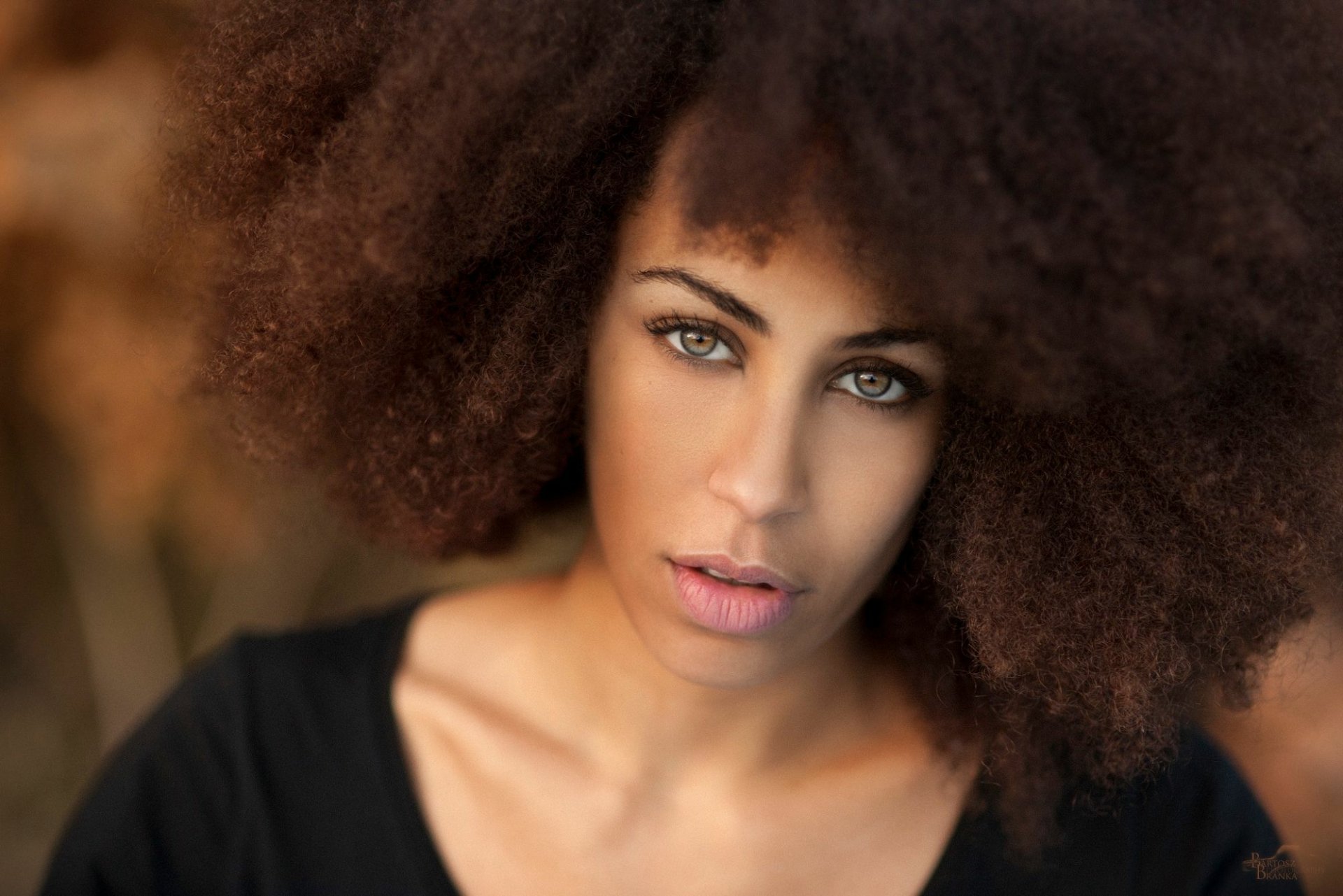 HD desktop wallpaper featuring a brunette model with hazel eyes and natural curly hair, showcasing a close-up of her face against a warm, blurred background.