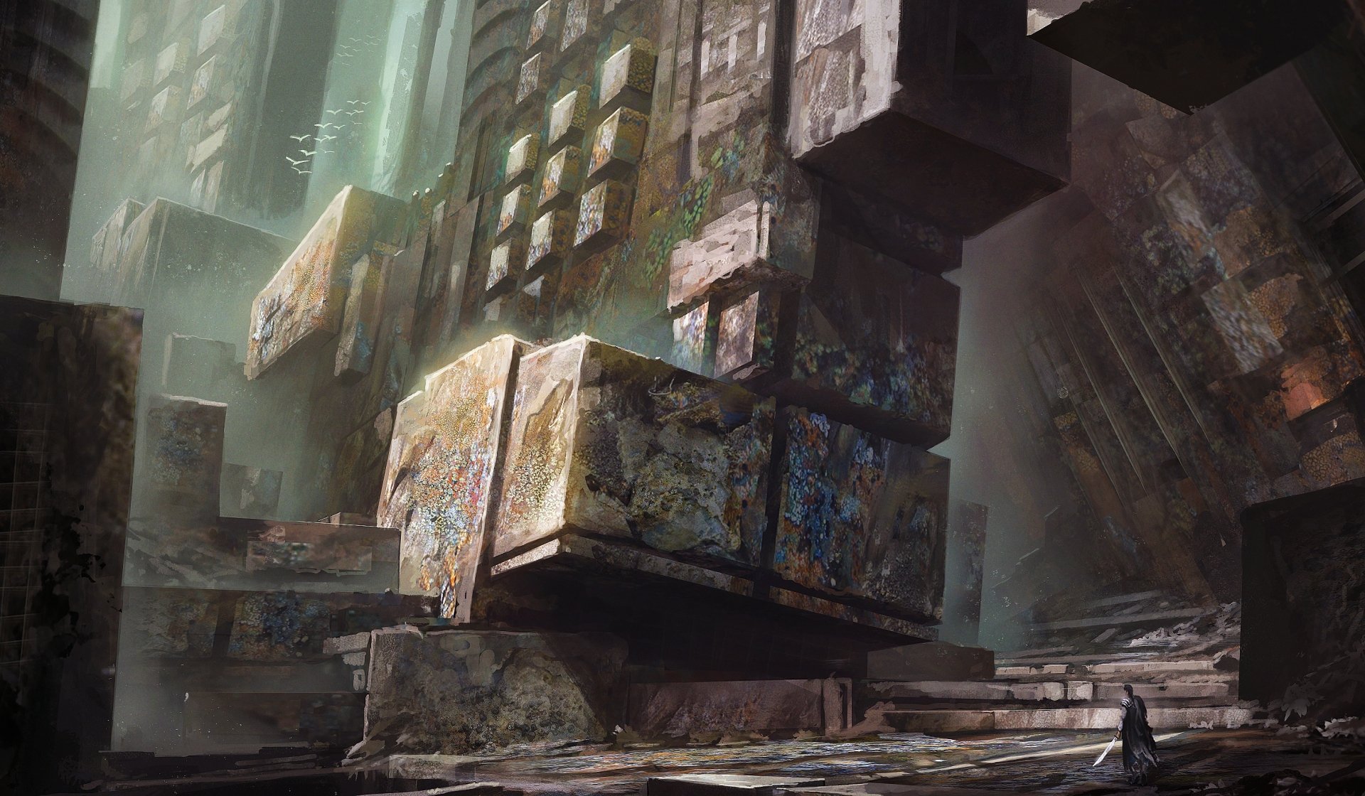 A fantasy warrior stands among ancient ruins, surrounded by towering, weathered blocks adorned with vibrant colors, bathed in ethereal light. An evocative HD PC wallpaper.