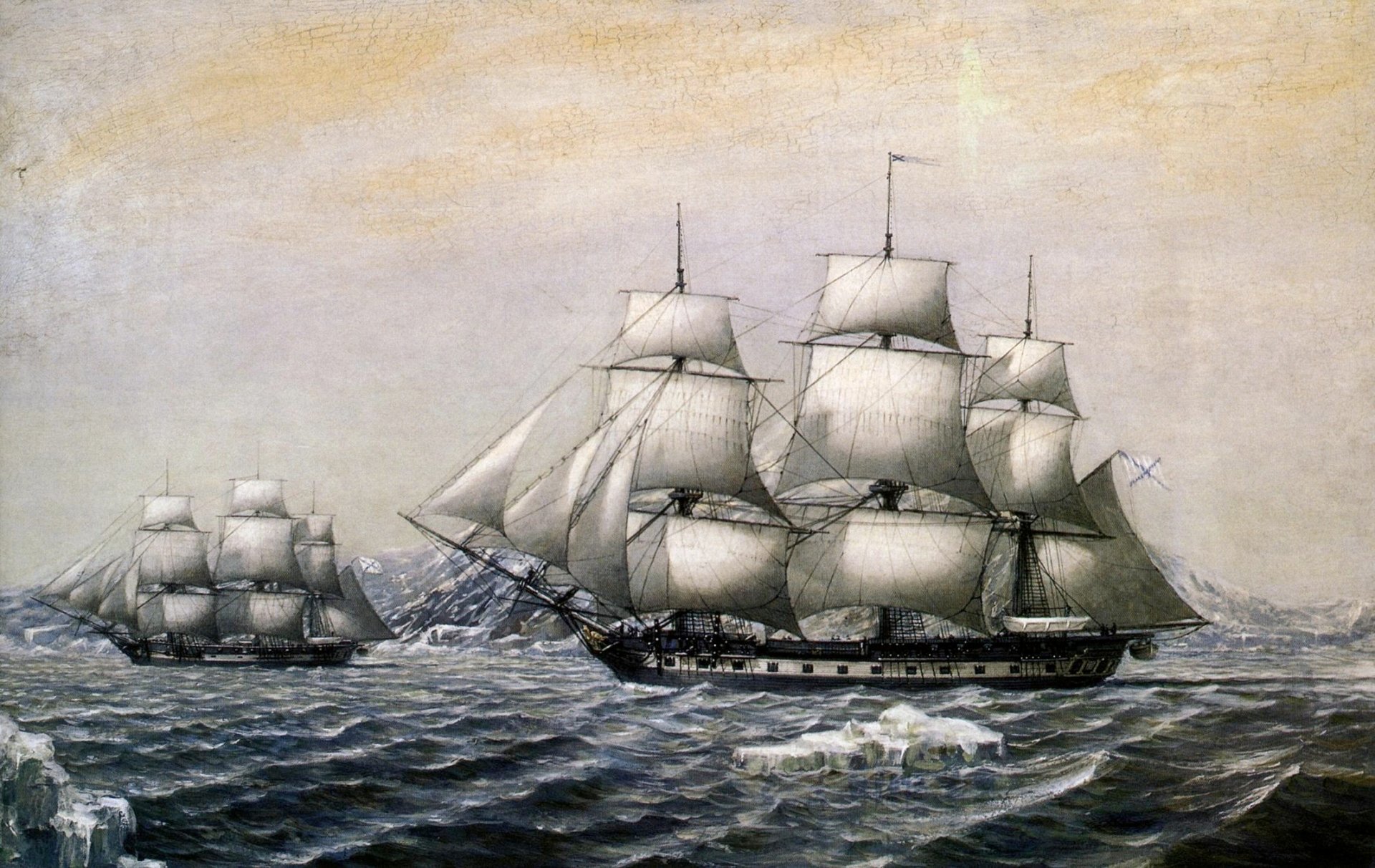 Artistic painting of two sailing sloops on the sea, captured in detailed brushwork, designed as an HD PC desktop wallpaper and background.