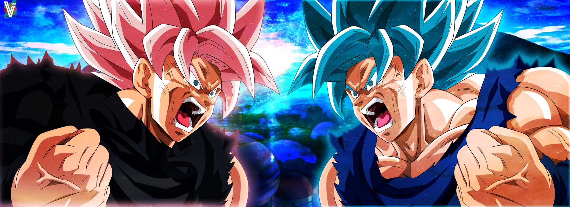 4K Ultra HD Dragon Ball Super wallpaper featuring anime characters Goku in his Super Saiyan Rose and Super Saiyan Blue forms, ready for battle.