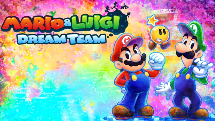 HD PC desktop wallpaper and background for the video game Mario & Luigi: Dream Team, depicting Mario and Luigi against a vibrant rainbow-splattered backdrop with the Dream Team logo.
