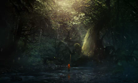 A mystical forest scene with towering trees bathed in soft light, evoking a sense of fantasy and adventure, captured in an HD PC desktop wallpaper background.