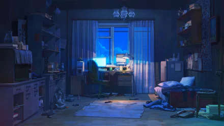 A serene anime-inspired room with a desk and glowing computer screens, dimly lit by a blue evening sky, creating a tranquil lofi atmosphere for relaxation or inspiration.