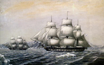 Artistic painting of two sailing sloops on the sea, captured in detailed brushwork, designed as an HD PC desktop wallpaper and background.