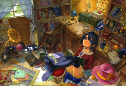 A vibrant anime wallpaper showcasing a young girl surrounded by books and clutter in a cozy room, capturing a whimsical, creative atmosphere in HD quality.