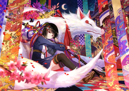 A stunning HD anime wallpaper featuring a character resting against a majestic white fox, surrounded by vibrant floral patterns and colorful scenery. Original artwork enhances any desktop background.