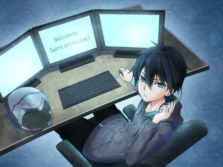 An anime-inspired HD desktop wallpaper featuring a character from Sword Art Online, seated at a desk with dual monitors displaying Welcome to Sword Art Online!