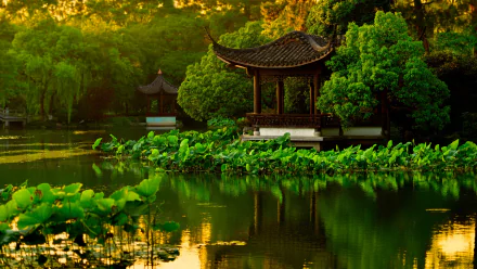 A serene garden scene featuring a pagoda reflected in a tranquil pond, surrounded by lush lotus plants and vibrant greenery, creating a peaceful natural retreat.