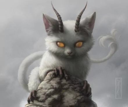 A fantasy creature resembling a white cat with glowing amber eyes and curved horns, perched on a rocky surface against a misty background.