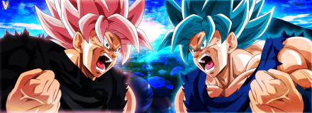4K Ultra HD Dragon Ball Super wallpaper featuring anime characters Goku in his Super Saiyan Rose and Super Saiyan Blue forms, ready for battle.