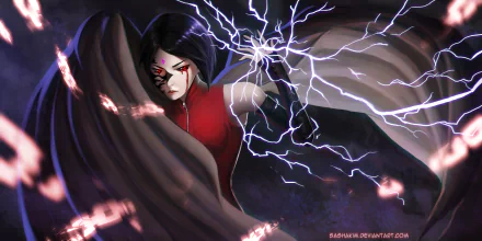 Dynamic HD wallpaper featuring Sarada Uchiha from the anime Boruto, depicted in an action pose with striking lightning effects and a dramatic background.