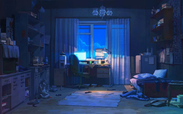 A serene anime-inspired room with a desk and glowing computer screens, dimly lit by a blue evening sky, creating a tranquil lofi atmosphere for relaxation or inspiration.