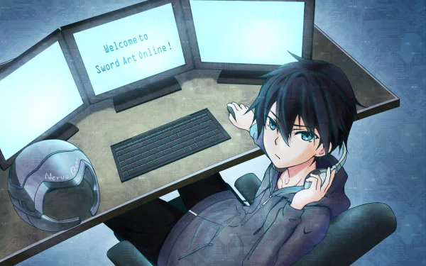 An anime-inspired HD desktop wallpaper featuring a character from Sword Art Online, seated at a desk with dual monitors displaying Welcome to Sword Art Online!