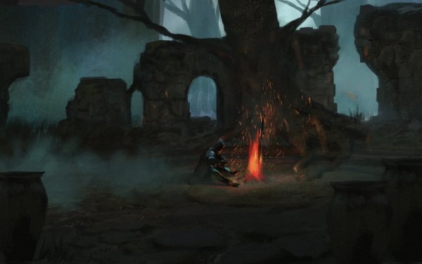Video Game Dark Souls Warrior Night Ruin Bonfire HD Wallpaper | Background Image