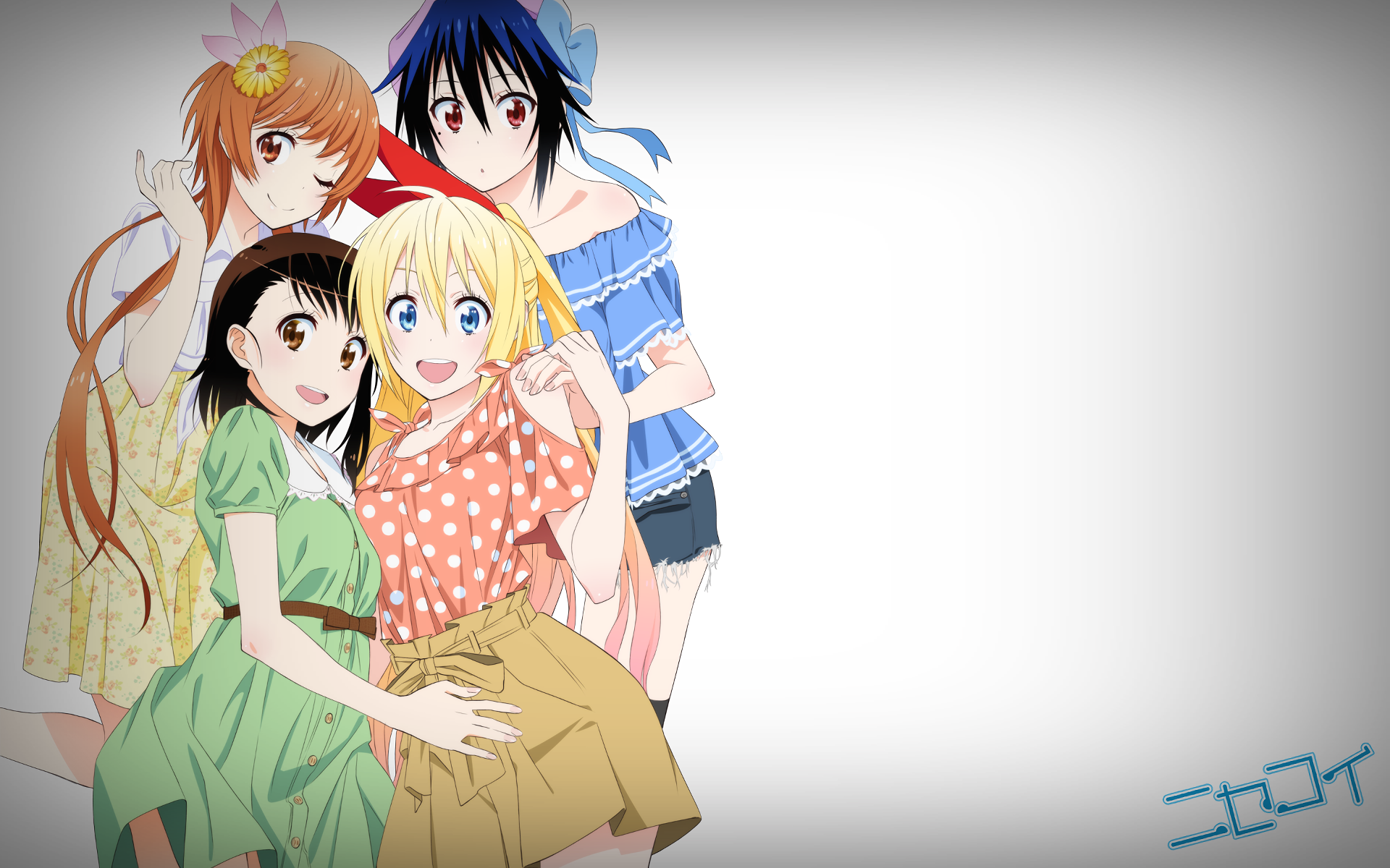 HD anime desktop wallpaper featuring Marika Tachibana, Seishirou Tsugumi, Kosaki Onodera, and Chitoge Kirisaki from Nisekoi with a clean white background.