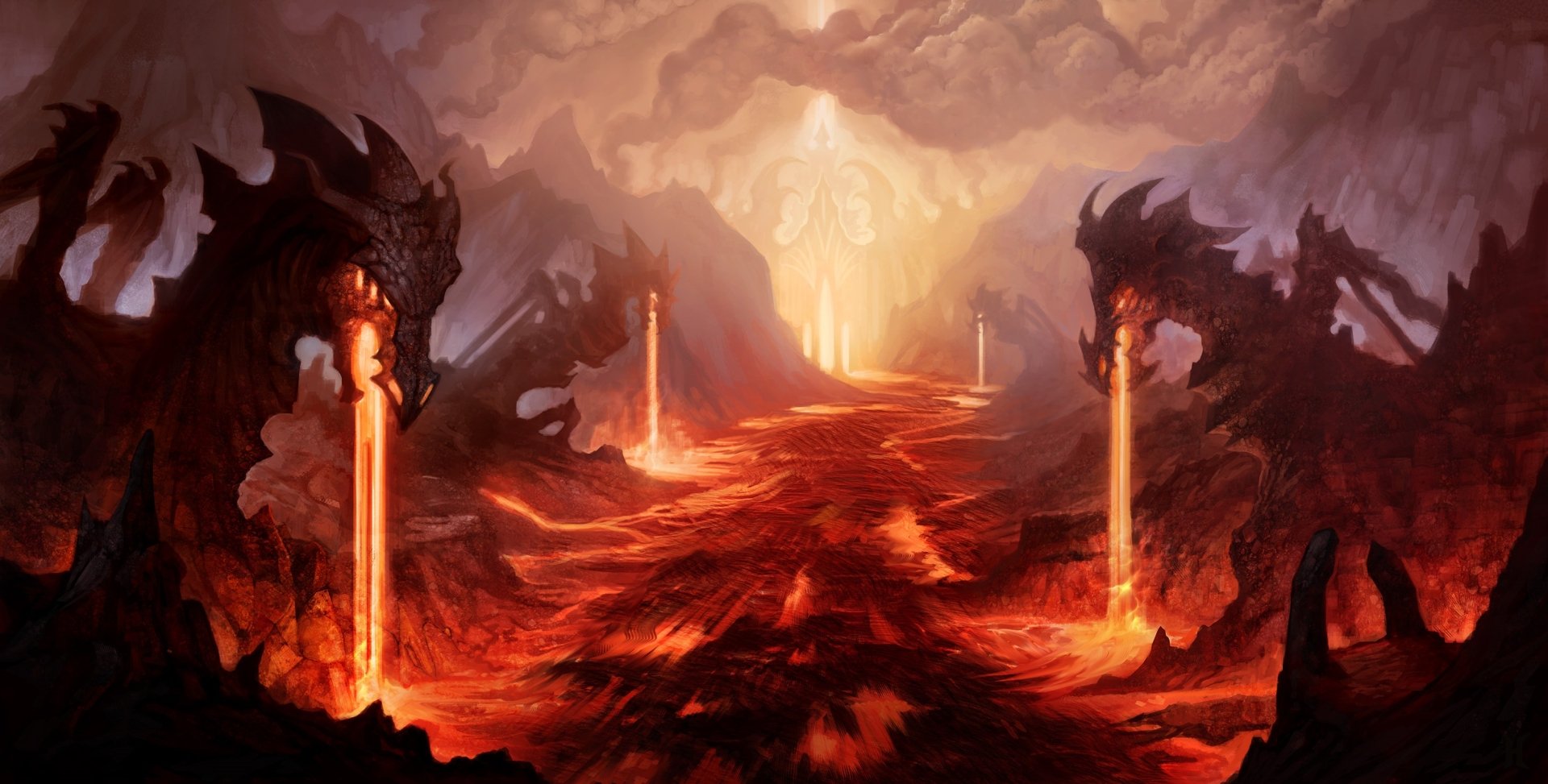 HD fantasy desktop wallpaper featuring a fiery lava landscape with two imposing dragons spewing molten lava amidst a volcanic environment.