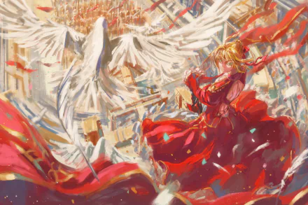 HD anime desktop wallpaper featuring Red Saber from Fate/Extra in a dynamic red outfit with white doves and a richly detailed, vibrant background.