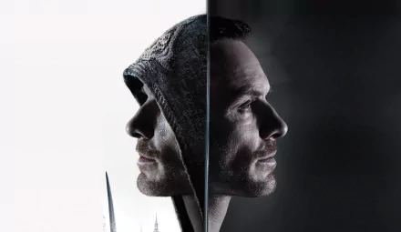 A striking HD wallpaper featuring Michael Fassbender as a character from the movie Assassin's Creed, showcasing a duality with contrasting light and shadow.