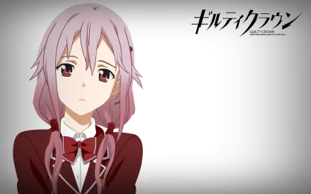 Anime-inspired HD desktop wallpaper from Guilty Crown, featuring a character with long, pink hair and expressive eyes against a minimalist background.