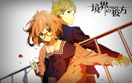 Anime wallpaper featuring characters from Beyond the Boundary, showcasing a dynamic moment between the protagonists with vibrant colors and a dramatic background.