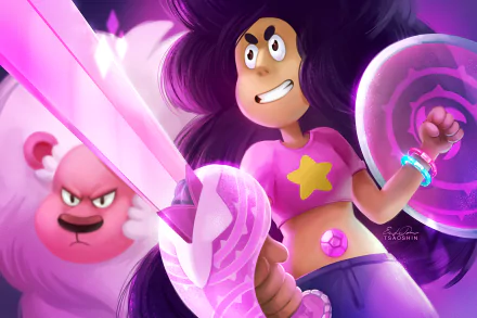 Stevonnie from Steven Universe stands ready with a sword and shield, accompanied by Lion. This HD desktop wallpaper and background showcases vibrant colors and dynamic characters from the TV show Steven Universe.