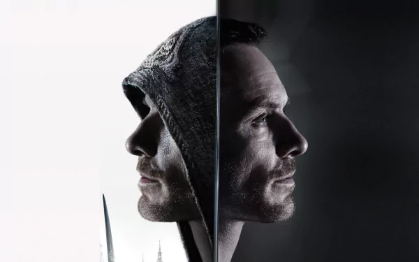 A striking HD wallpaper featuring Michael Fassbender as a character from the movie Assassin's Creed, showcasing a duality with contrasting light and shadow.