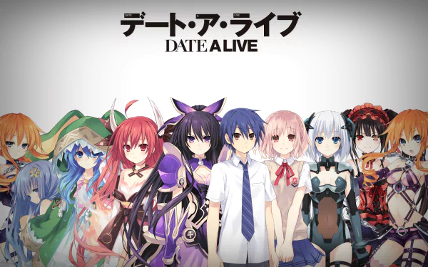 Anime-inspired HD wallpaper featuring characters from Date A Live, showcasing a lineup of vibrant, distinct designs against a minimalist background.