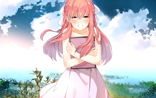 HD wallpaper featuring Rin from the anime Shelter, standing with her arms crossed against a vibrant sky and lush background, capturing a moment of emotional expression.