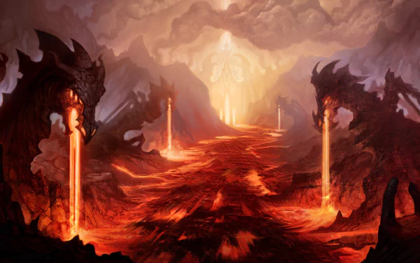 HD fantasy desktop wallpaper featuring a fiery lava landscape with two imposing dragons spewing molten lava amidst a volcanic environment.