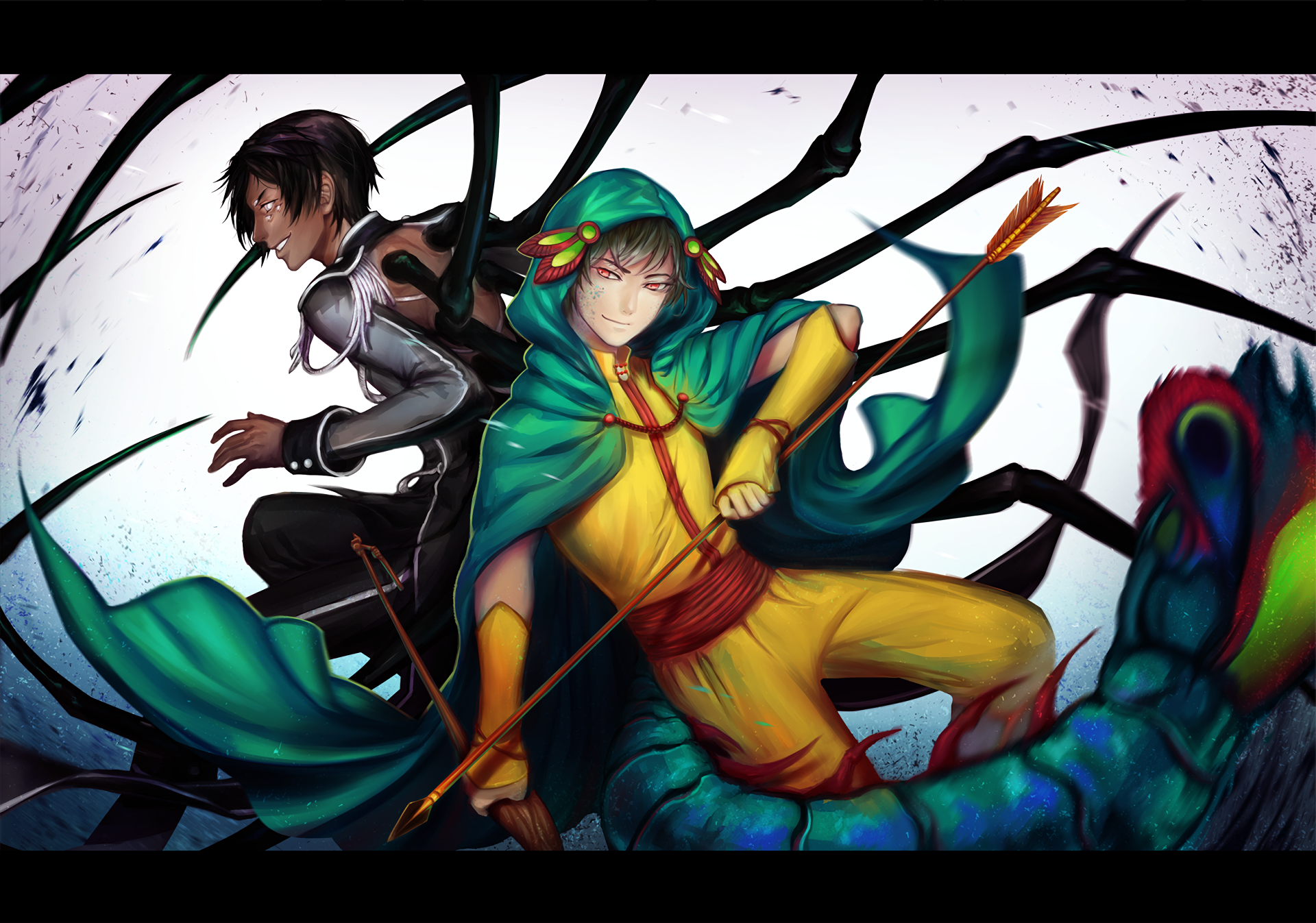 HD anime original desktop wallpaper featuring two dynamic characters, one in a green hooded cloak and the other in dark armor, set against a dramatic, abstract background.