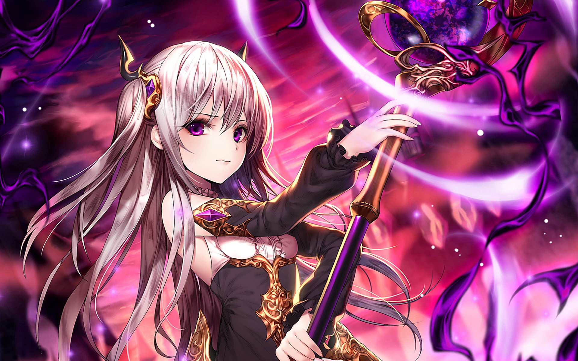 An enchanting anime character holds a staff amidst a vibrant, swirling background of deep purples and pinks, creating a captivating HD desktop wallpaper.
