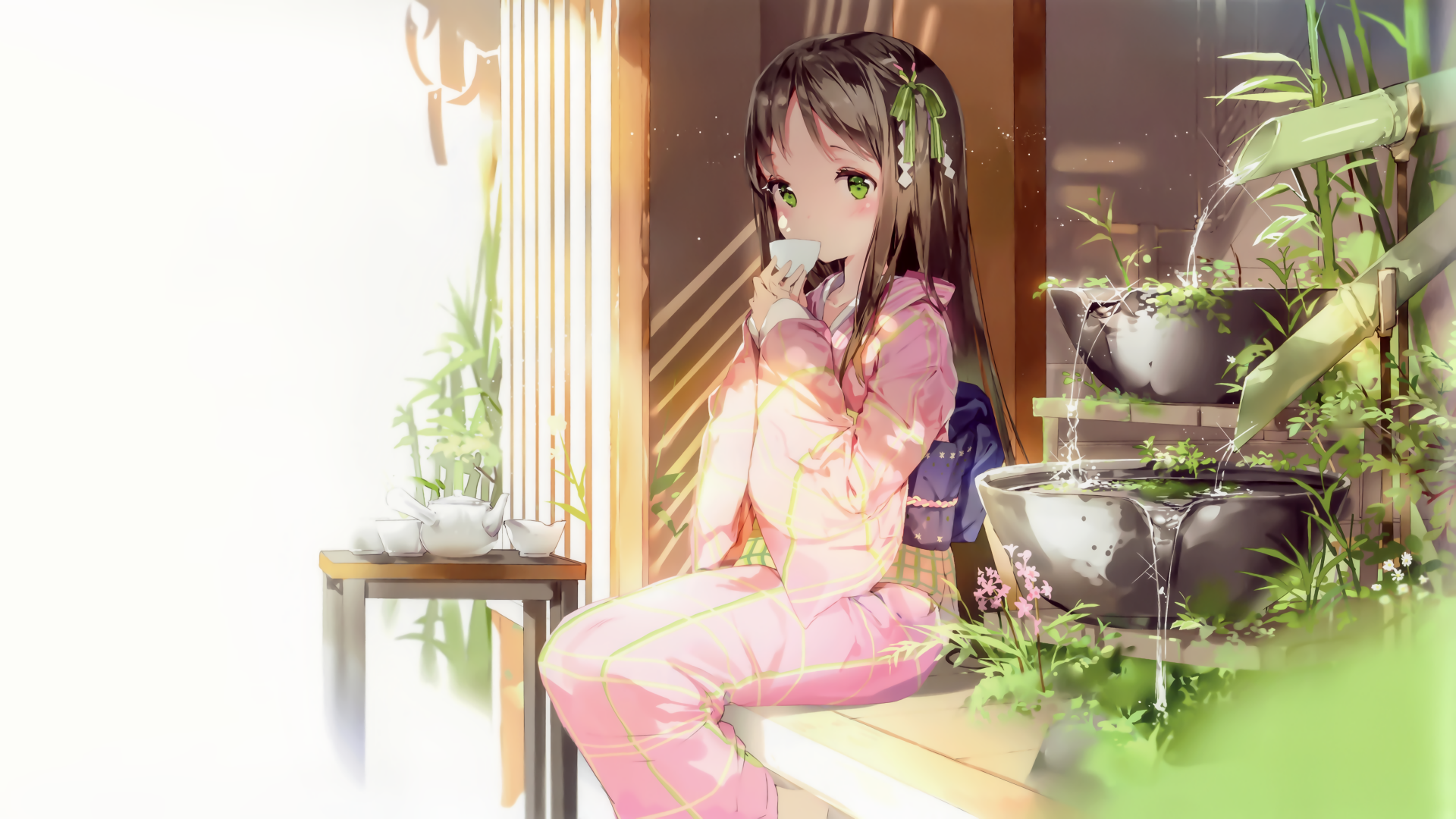 A serene anime scene featuring a girl in a pink outfit sipping tea surrounded by lush greenery, making for an enchanting HD desktop wallpaper and background.