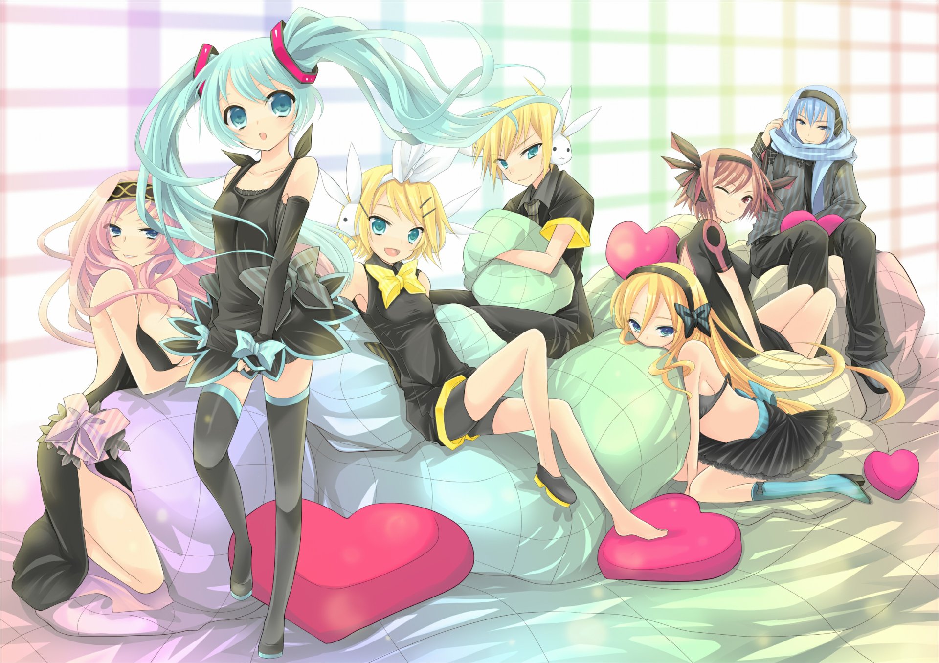 HD PC wallpaper featuring iconic Vocaloid characters including Hatsune Miku, Meiko, Kaito, Luka Megurine, Rin and Len Kagamine, and Lily in a vibrant anime style.