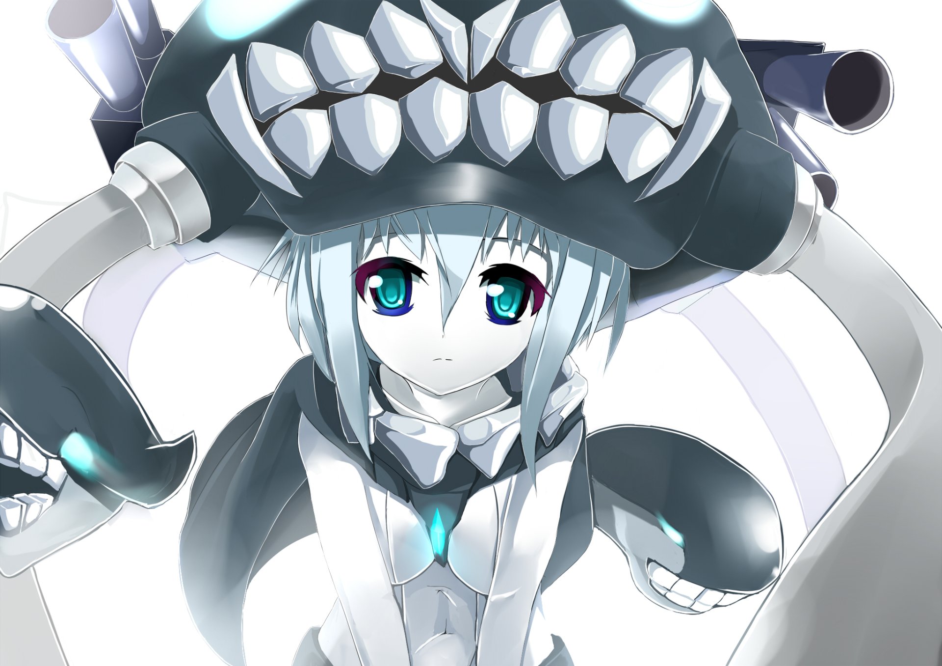 HD PC desktop wallpaper of Wo-Class (Kancolle) from Kantai Collection: anime-style silver-haired girl with teal eyes wearing a monstrous helmet and tentacle-like ship gear in a frontal portrait.
