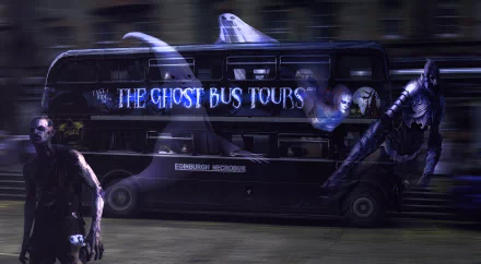 A spooky HD desktop wallpaper showing a dark, eerie scene of a bus labeled The Ghost Bus Tours, with ghostly figures and a zombie present, capturing the essence of Halloween and the supernatural.